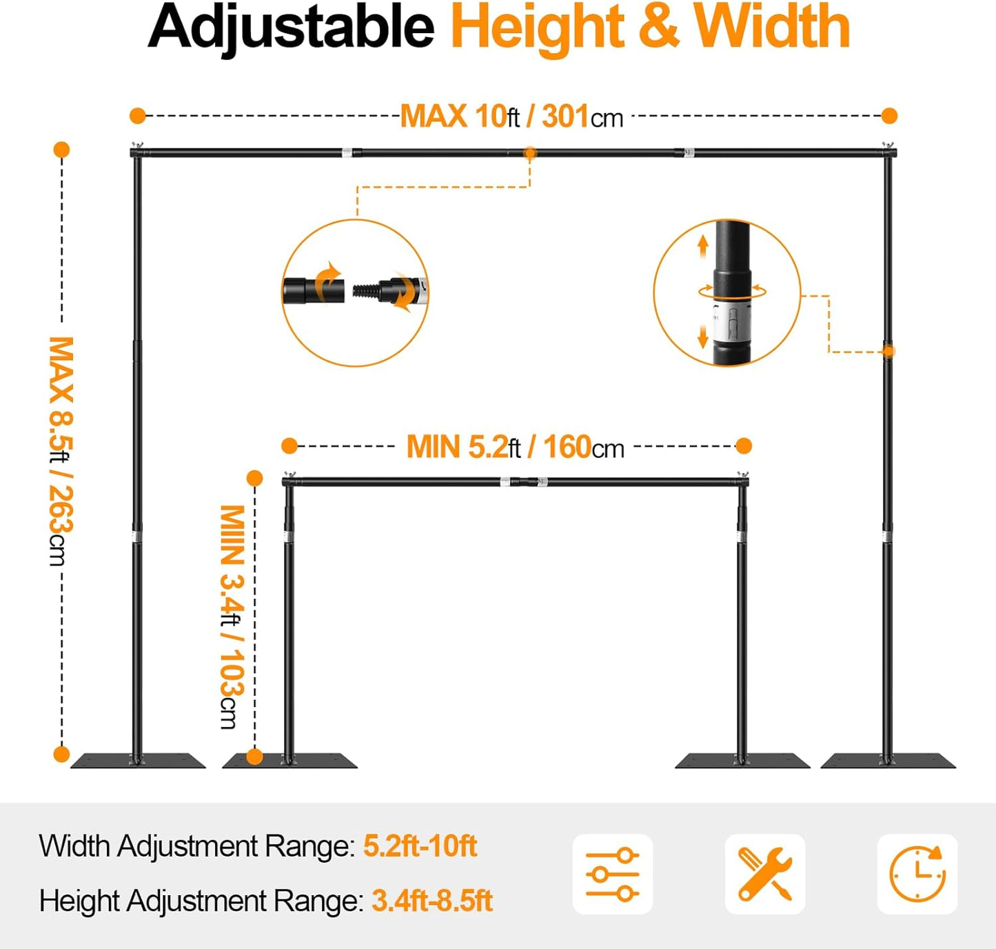 FUDESY Backdrop Stand Heavy Duty, 8.5x10ft Adjustable Photo Background Pipe and Drape Backdrop Stand Kit with Metal Base for Photography Parties Birthday Video Studio