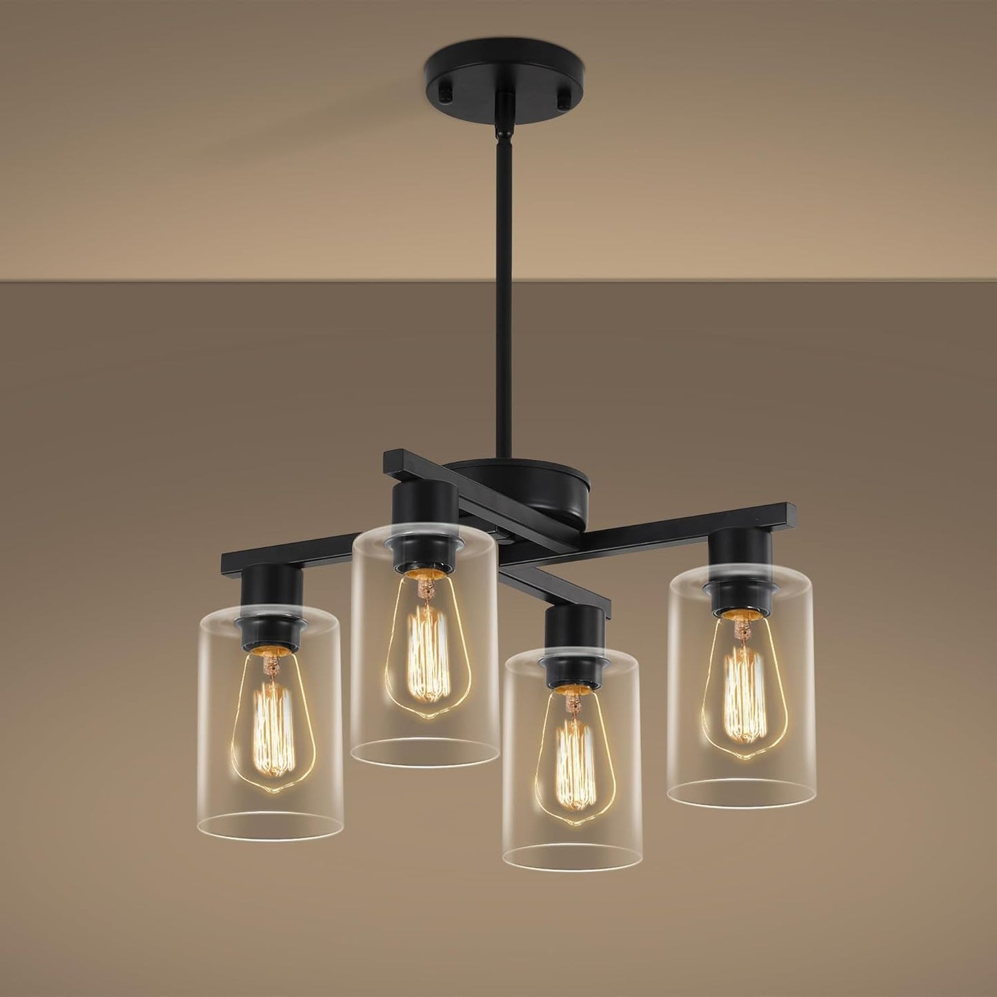 4-Light Modern Farmhouse Black Chandelier, Dining Room Light Fixture Over Table Adjustable Height Hanging Industrial Pendant Lights Kitchen Island, Clear Glass Shade