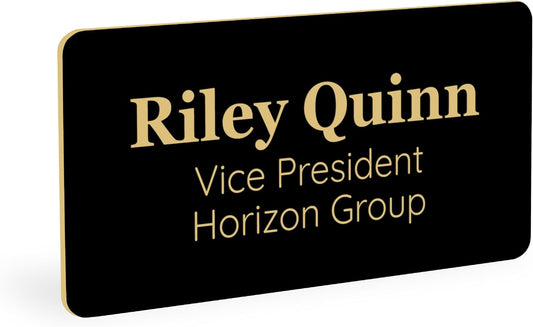 ExcelMark Custom Name Tag - Engraved Name Badge with Pin or Magnetic Backing, 16 Colors, 6 Fonts, and 2 Sizes to Choose from (Black w/Gold Letters, 1.5"x 3")