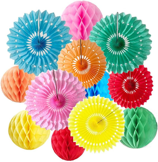 12pcs 6’’ 8’’ Honeycomb Balls Tissue Paper Fans Party Honeycomb Ball Fans Wall Tissue Pom Poms Flower Balls Hanging Paper Fans for Party Baby Shower Birthday Wedding Nursery Decor(Multicolored-1 kit)