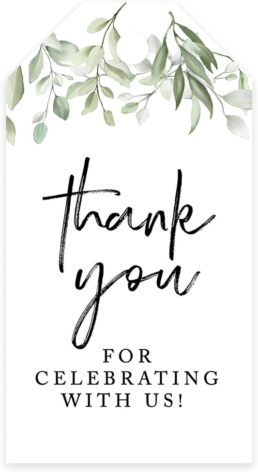 Andaz Press 100-Pack Thank You for Celebrating with Us Favor Tags Greenery Leaves Cardstock Gift Tags with Bakers Twine for Wedding Baby Shower Bridal Shower Birthday Party Favors 2 x 3.75-Inches