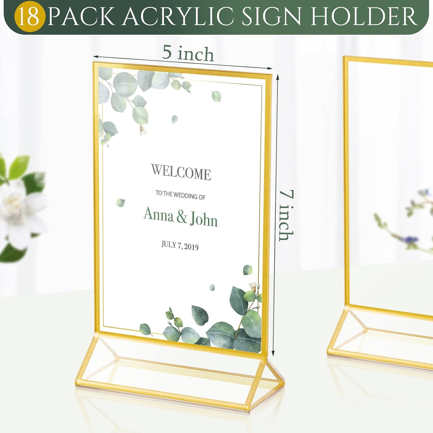24 Pack Gold Picture Frames 5 x 7 Inch Clear Acrylic Sign Holders Double Sided Display Frames Bulk with Stand 2 mm Gold Border for Table Numbers Wedding Party (Vertical)