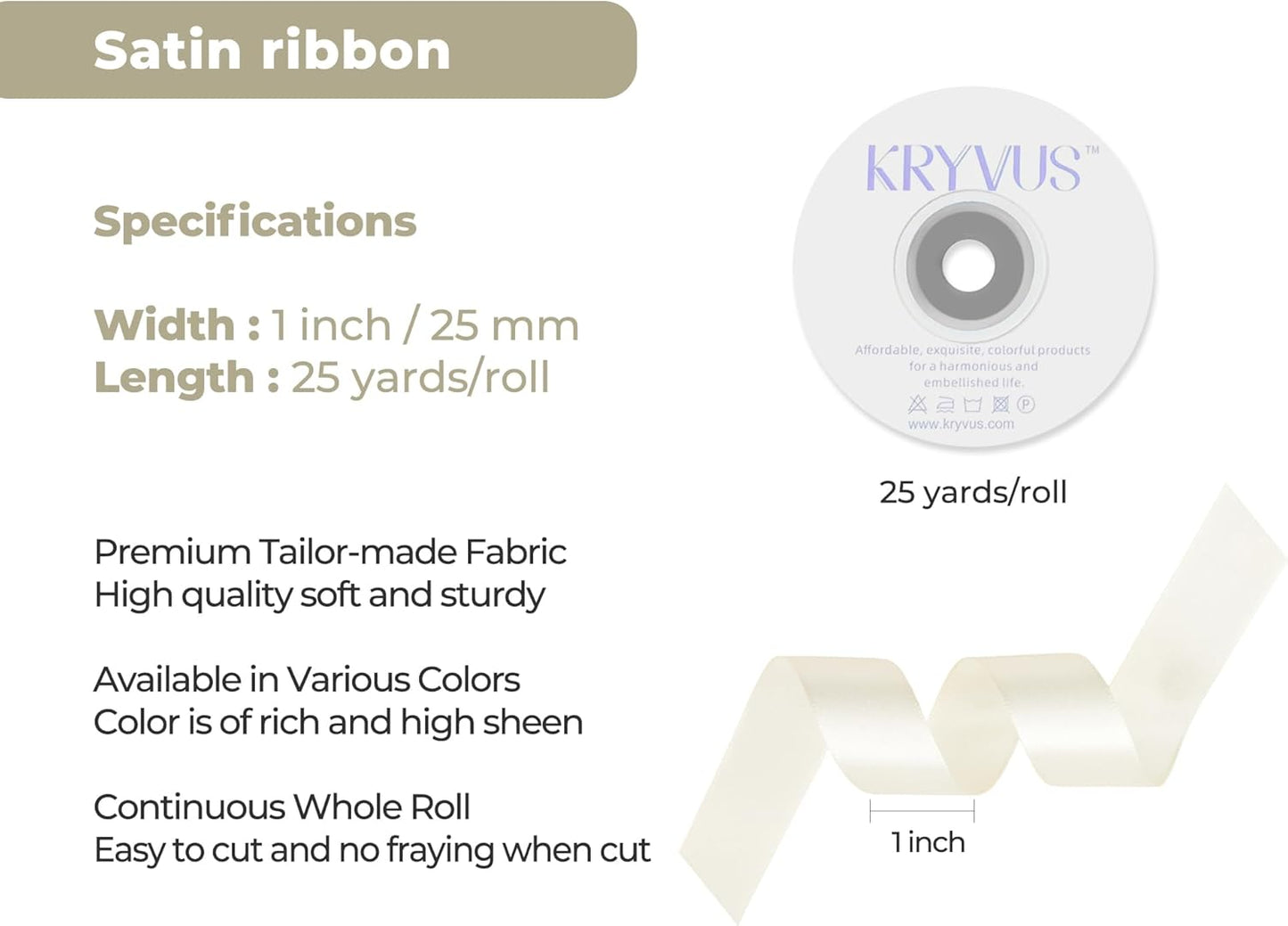 Beige Satin Ribbon 1 inch X Continuous 25 Yards, Single Face Polyester Ribbon Perfect for Gift Wrapping, Flower Bouquet, Wedding Decor, Crafts, Bow Making, Sewing and More