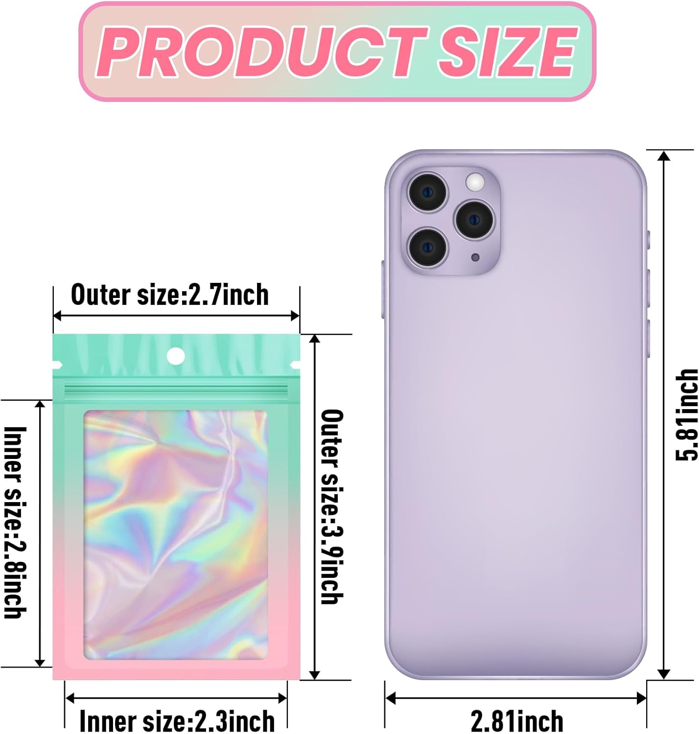 Funfery 100 Pack Gradient Holographic Bags,Mylar Resealable Bags with Zipper,Clear Window Packaging Pouchs,Smell Proof Foil Bag for Food Storage,Sample Jewelry Bag(2.7x3.9In,Green Pink)