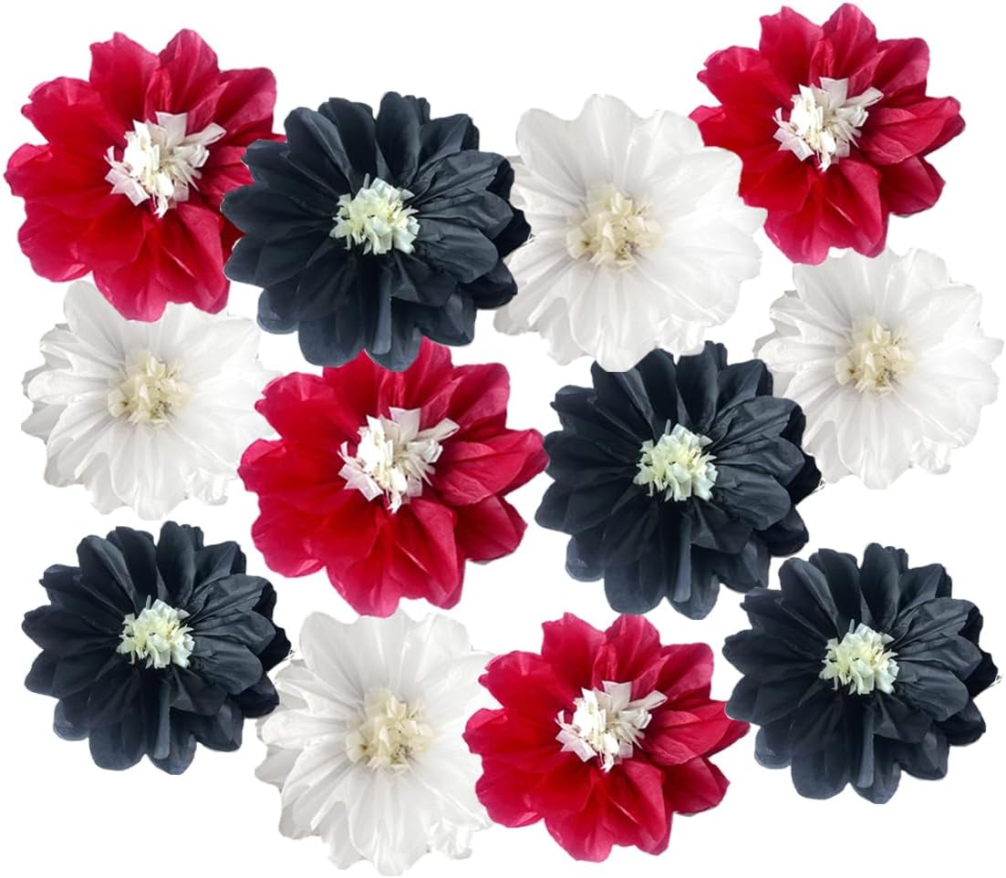 12pcs 10in 12in Paper Pom Poms Hanging Paper Flowers Wall Backdrop Wedding Party Flower Decorations DIY Art Craft Blooms for Birthday Baby Shower Decor White Red Black