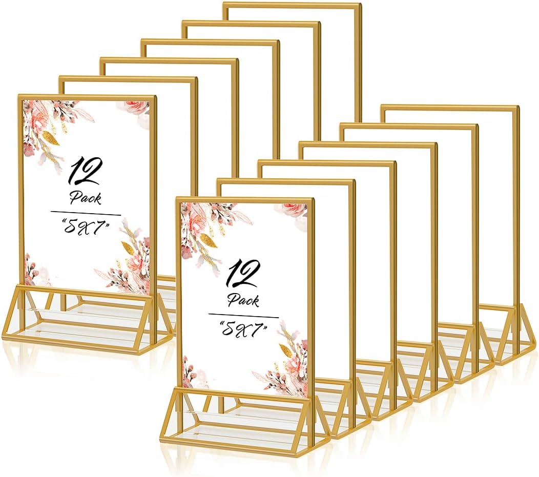 Gold Frames 5x7 Acrylic Sign Holder Double Sided Picture Frames for Wedding Table Number Menu Flyer Display for Office Home Party- Pack of 12