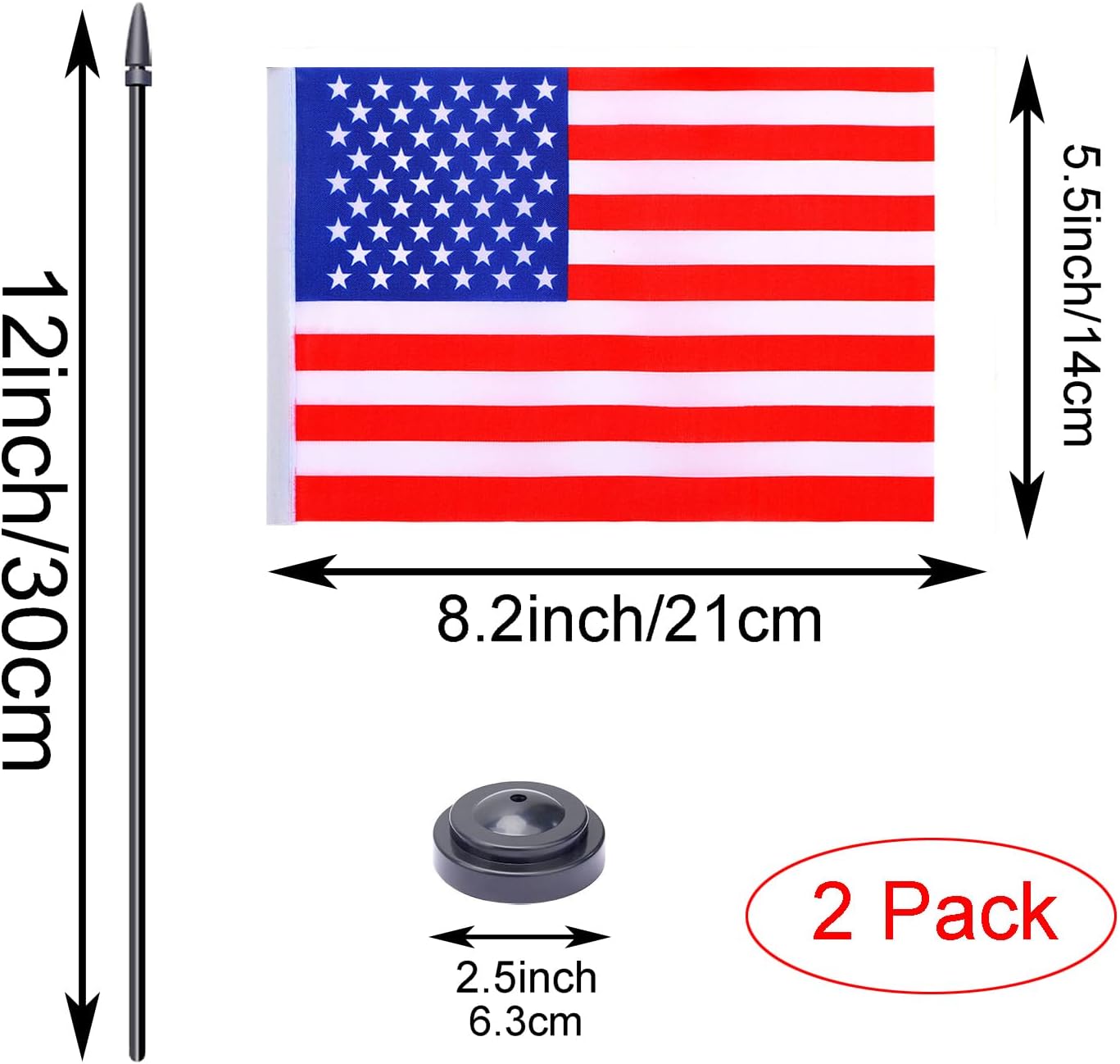 WXTWK 2 Pack American Flag US Desk Flag Set - Mini Small USA Table Office Flags with Black 12" Solid Pole Stand Base 4th of July Party Veteran's Day Classroom Meeting Desktop Decorations