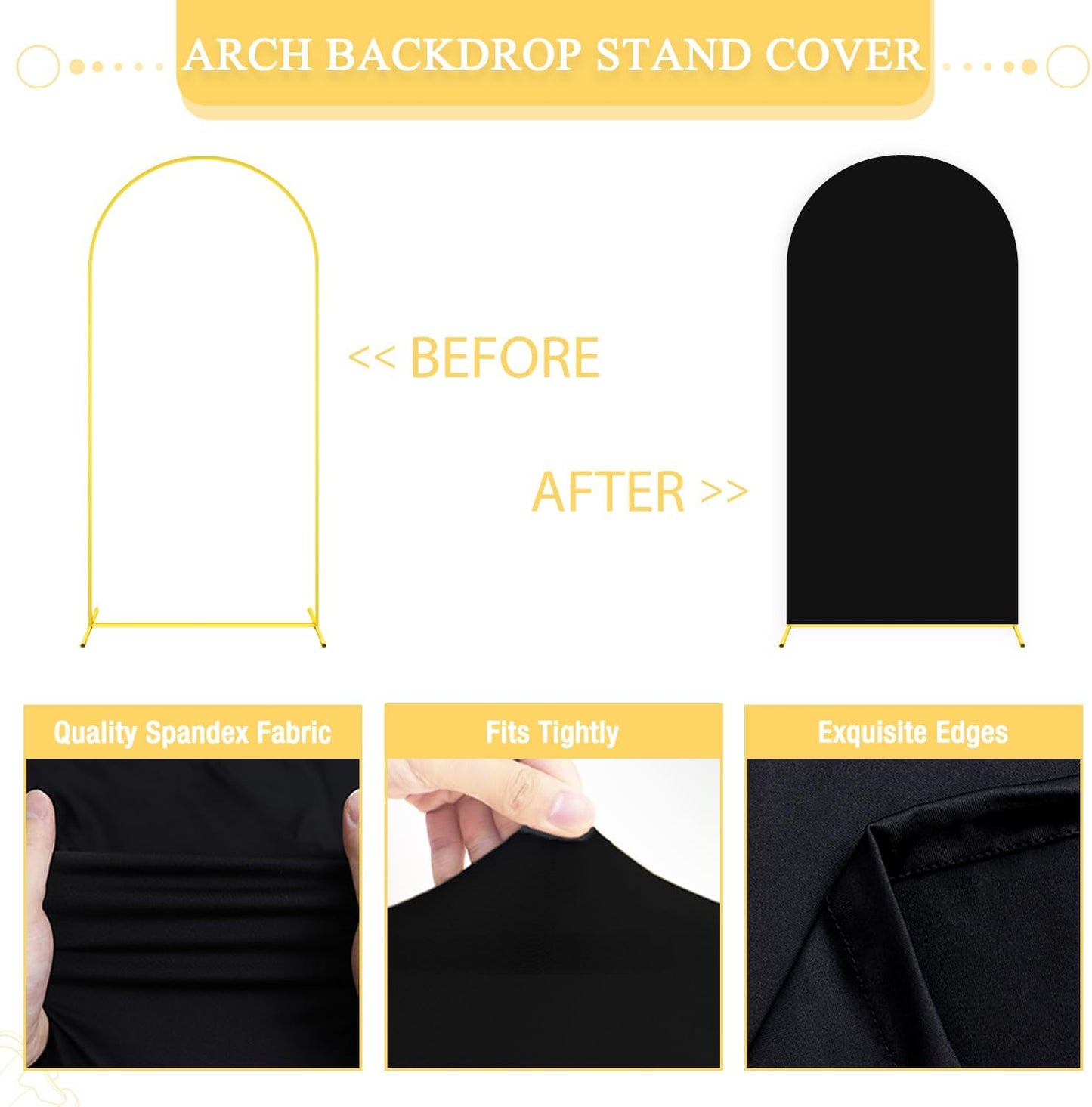 Wedding Arch Backdrop Stand and Cover Set of 2 6FT 7.2FT Black Spandex Fitted Stretchy Arch Stand Covers for Gold Metal Stand Round Top Chiara Backdrop Cover for Birthday Party Decorations
