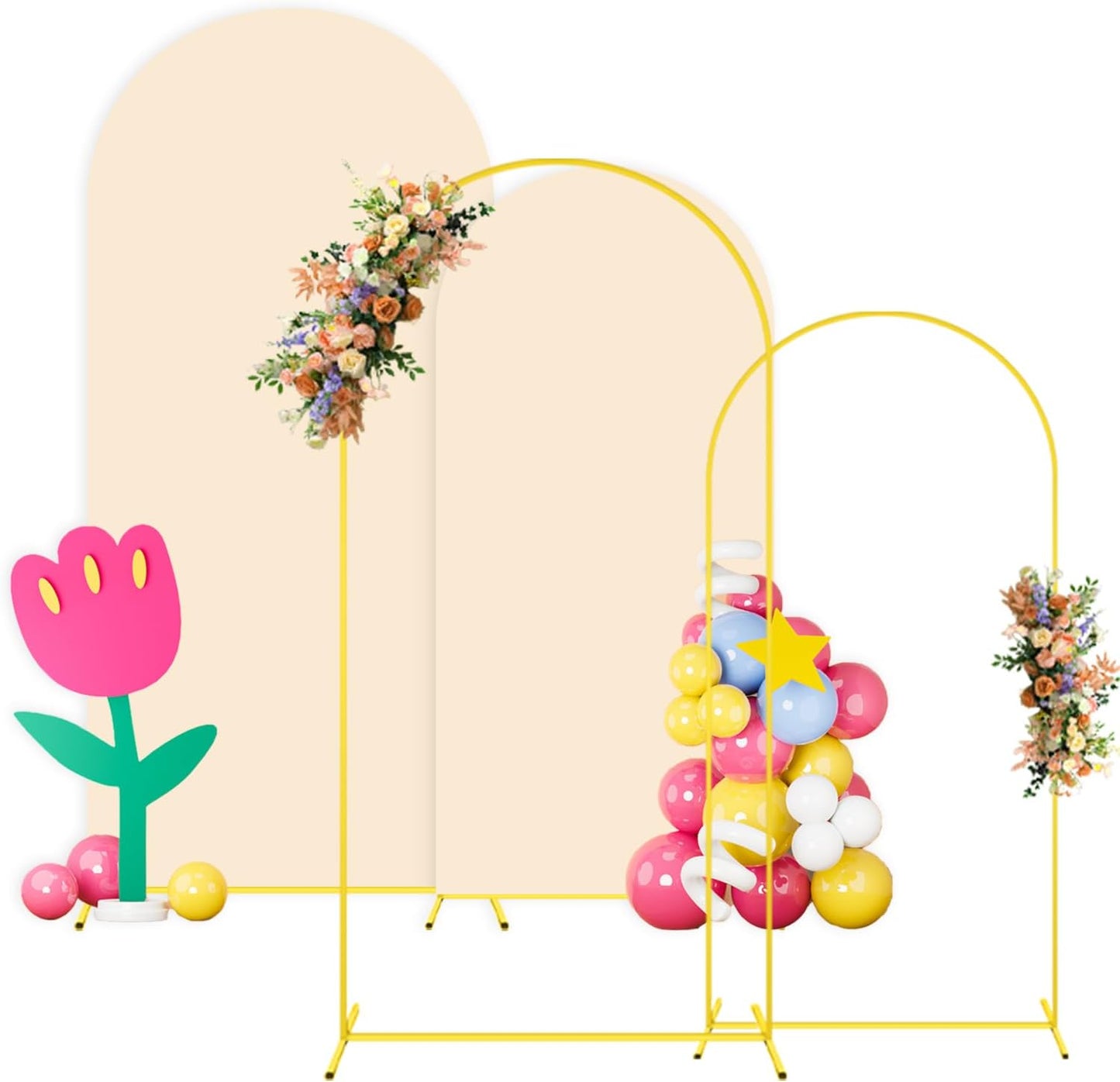 Arch Backdrop Stand with Beige Spandex Arch Cover Set of 2 6FT 7.2FT Spandex Fitted Stretchy Arch Covers for Party Gold Metal Backdrop Stand for Wedding Baby Shower