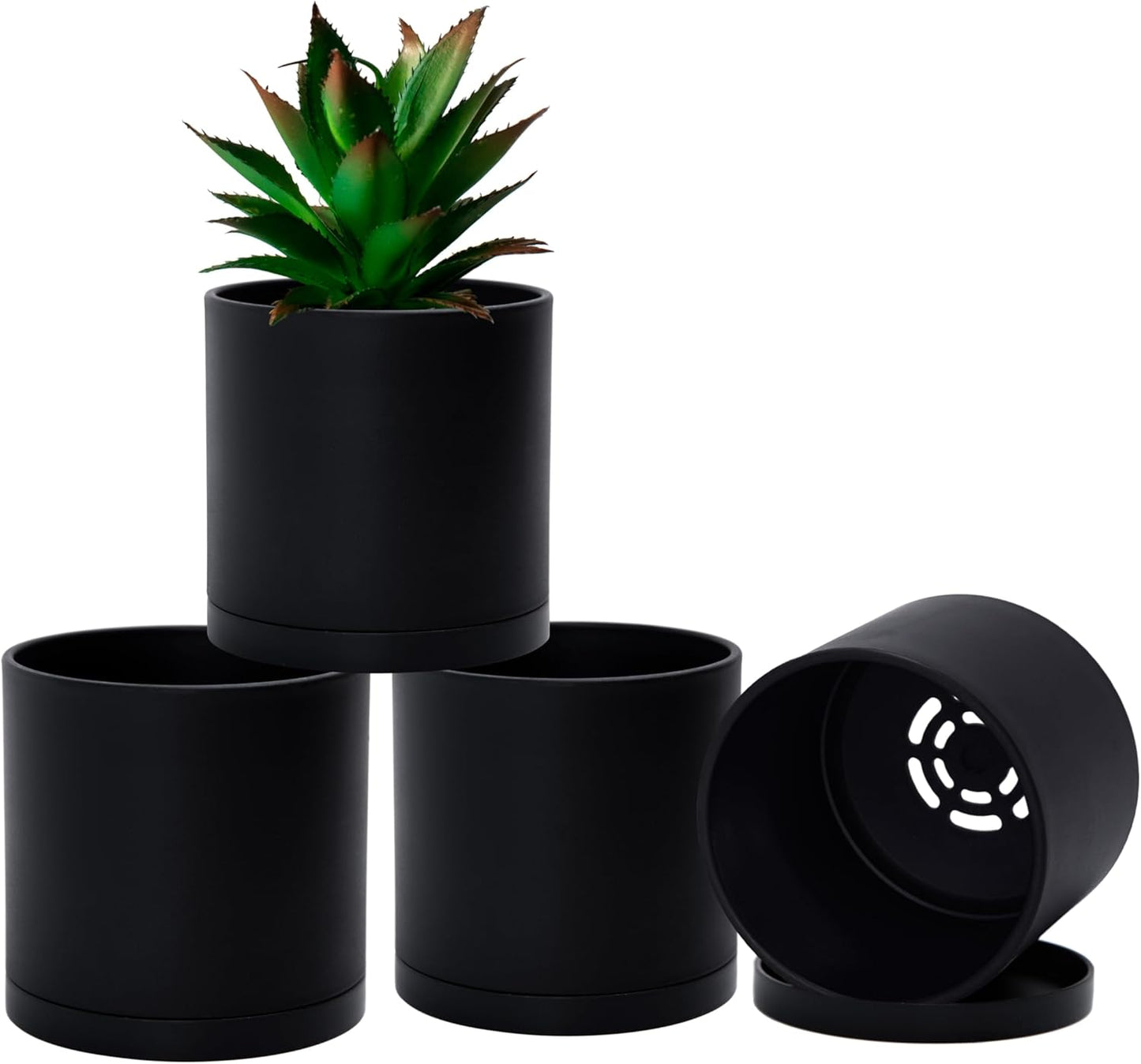 D'vine Dev 4 Pack 4 Inch Modern Plastic Plant Pots, Small Garden Planters for Plant with Drainage Holes and Saucers, Black Color, 74-Y-E-2
