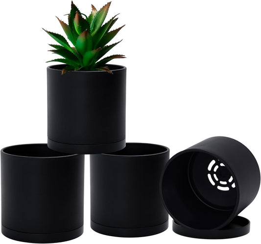 D'vine Dev 4 Pack 4 Inch Modern Plastic Plant Pots, Small Garden Planters for Plant with Drainage Holes and Saucers, Black Color, 74-Y-E-2