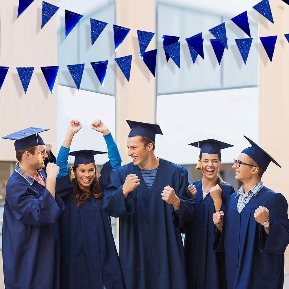 30 Ft Royal Blue Party Decorations Navy Blue Metallic Glitter Paper Triangle Banner Flag Garland Pennant Bunting for Graduation Birthday Wedding Bridal Shower Ahoy Achor Nautical Theme Party Supplies