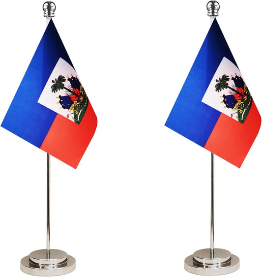 Haiti Haitian Deluxe Desk Flag Set Small Mini Miniature Haiti Haitian Table Desktop Flags,Festival Events Celebration,Office Decoration-2 Pack