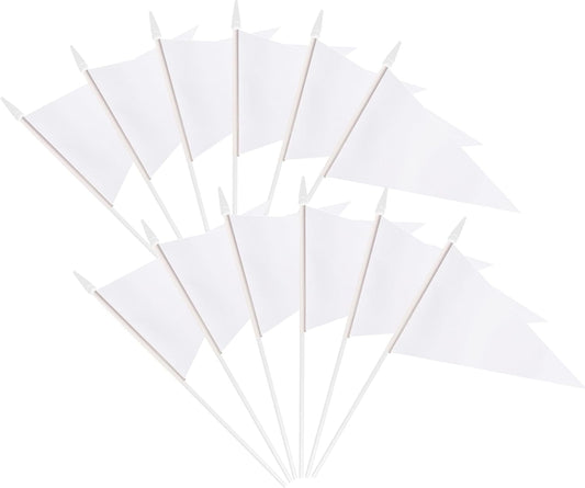 12 Pack White Pennant Flags Small Mini Hand Held Solid Color Pennant On Sticks Flags with 12.6"Solid Pole & Spear Top,Party Events Celebration,School,Grand Opening,Kids Birthday,Sports Clubs,Flower Pot
