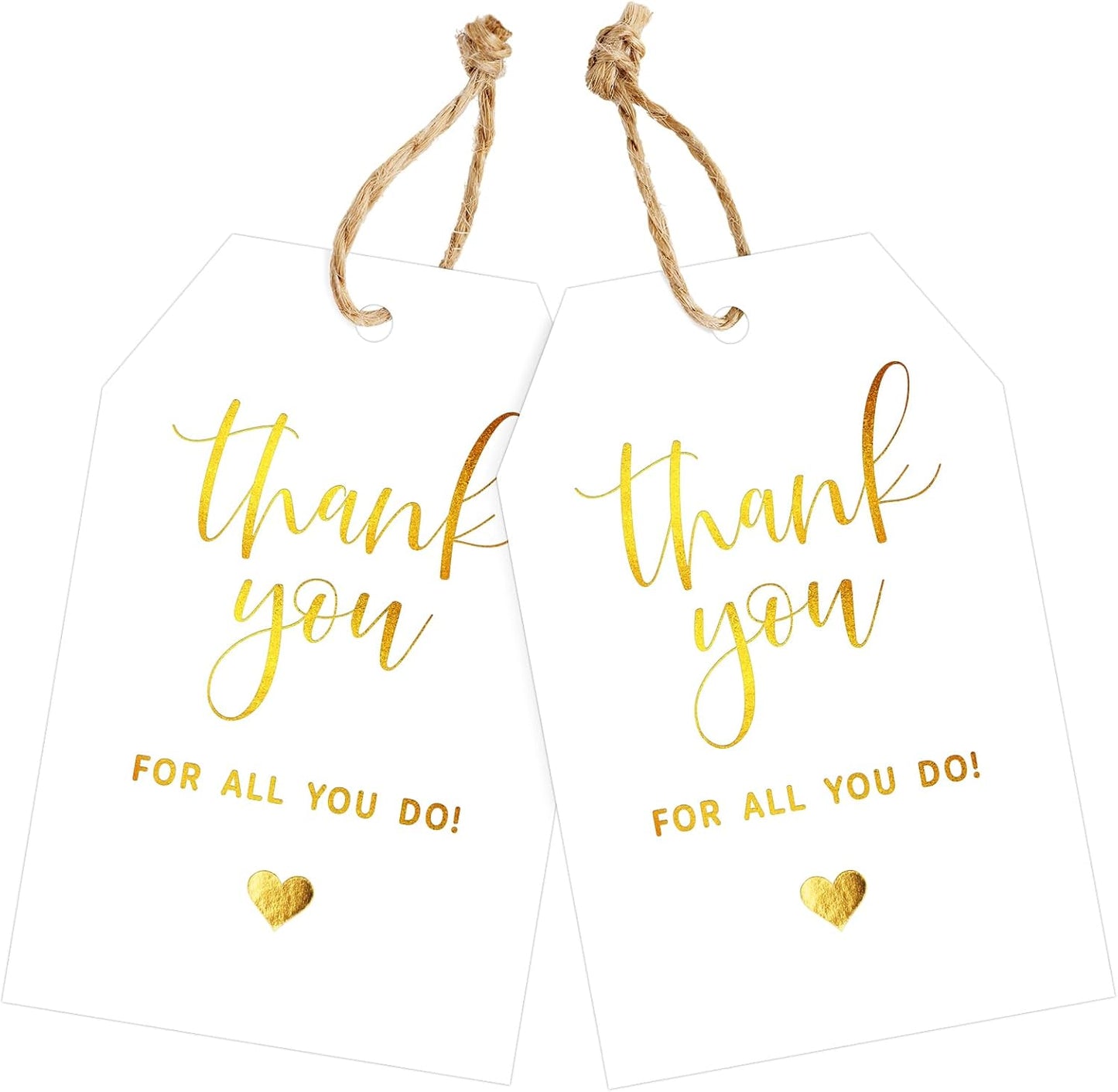 joycraft Thank You for All You Do Tags - 50Pcs Gold Foil Thank You Gift Tags with String, 3.3x2.2in Paper Gift Wrap Hangtags for Wedding, Teacher Appreciation, Mother's Day Thanksgiving, Christmas