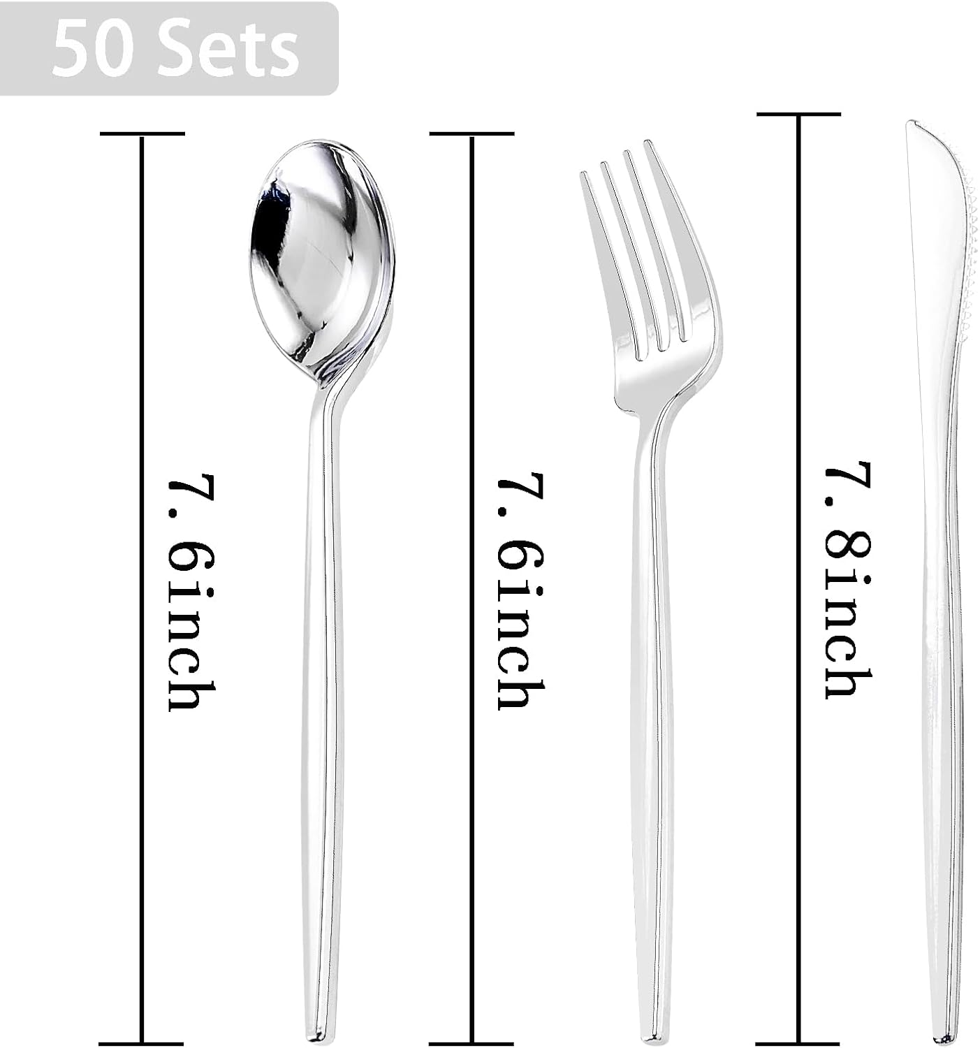 PULOTE 150PCS Silver Plastic Silverware Disposable - Heavy Duty Silver Plastic Cutlery Set - Plastic Utensils Set Include 50 Knives,50 Forks and 50 Spoons for Wedding,Party&Christmas