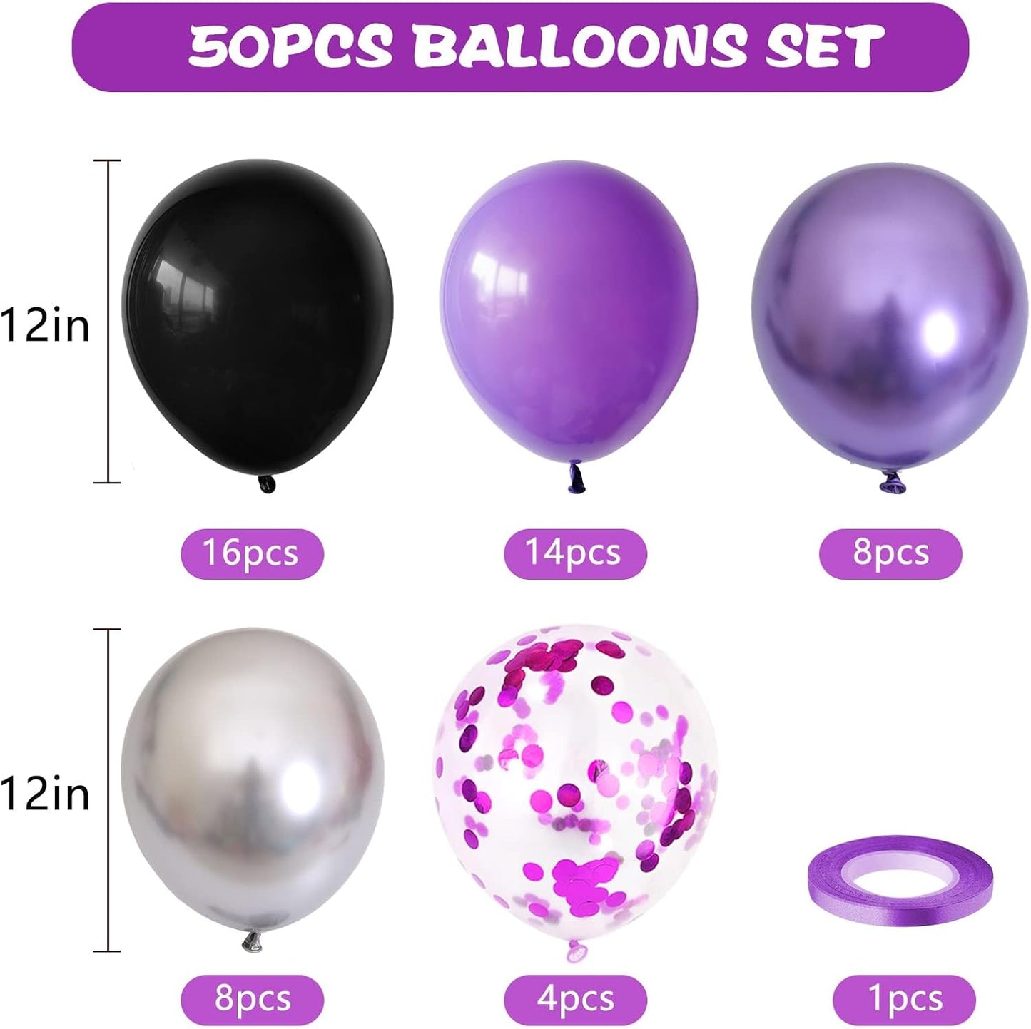 50pcs Purple & Black Balloons - 12in Metallic Silver, Black with Ribbons & Confetti for Halloween, Birthdays, Anniversaries & Graduations