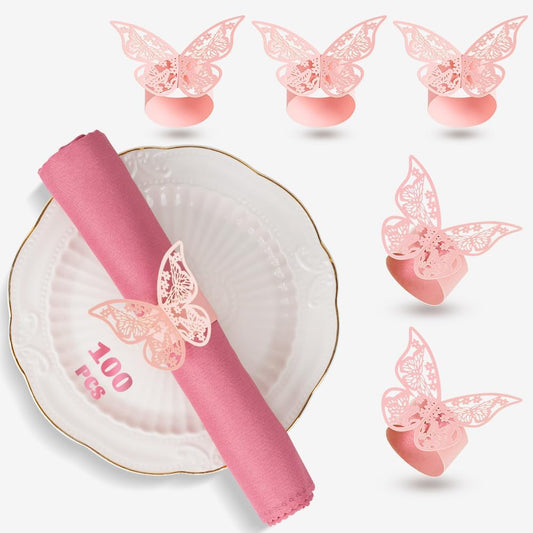 100 Pcs Napkin Rings Laser Cut Butterfly Shape Foil Paper Napkin Holder for Weddings Party Serviette Table Decoration Restaurant (Pink)