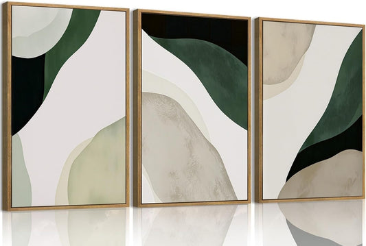 myusuar 3 Piece Large Modern Abstract Canvas Framed Wall Art For Living Room, Green Black White Minimalist Wall Art Decor Posters Prints For Bedroom Office 24x36in