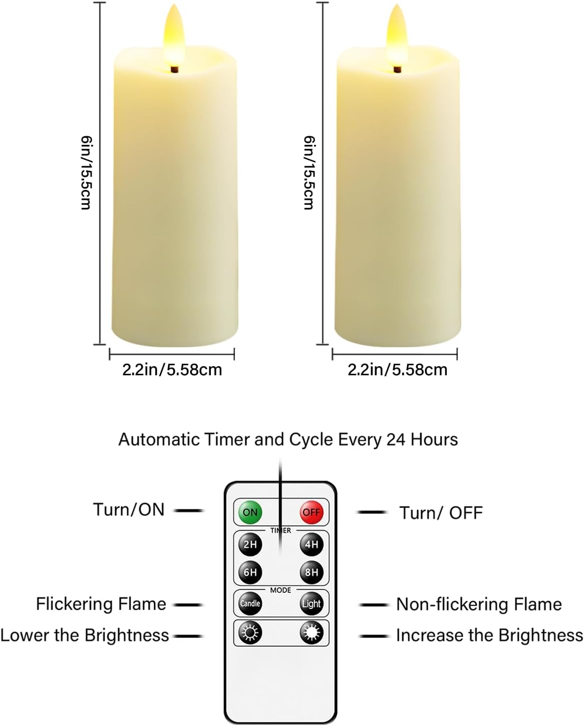 Plastic Waterproof Outdoor flameless Candles, LED Candles, with Remote Control and Timer, Battery-Powered Candles, Suitable for Camping, courtyards and Home Decoration,Set of 2（Ivory）