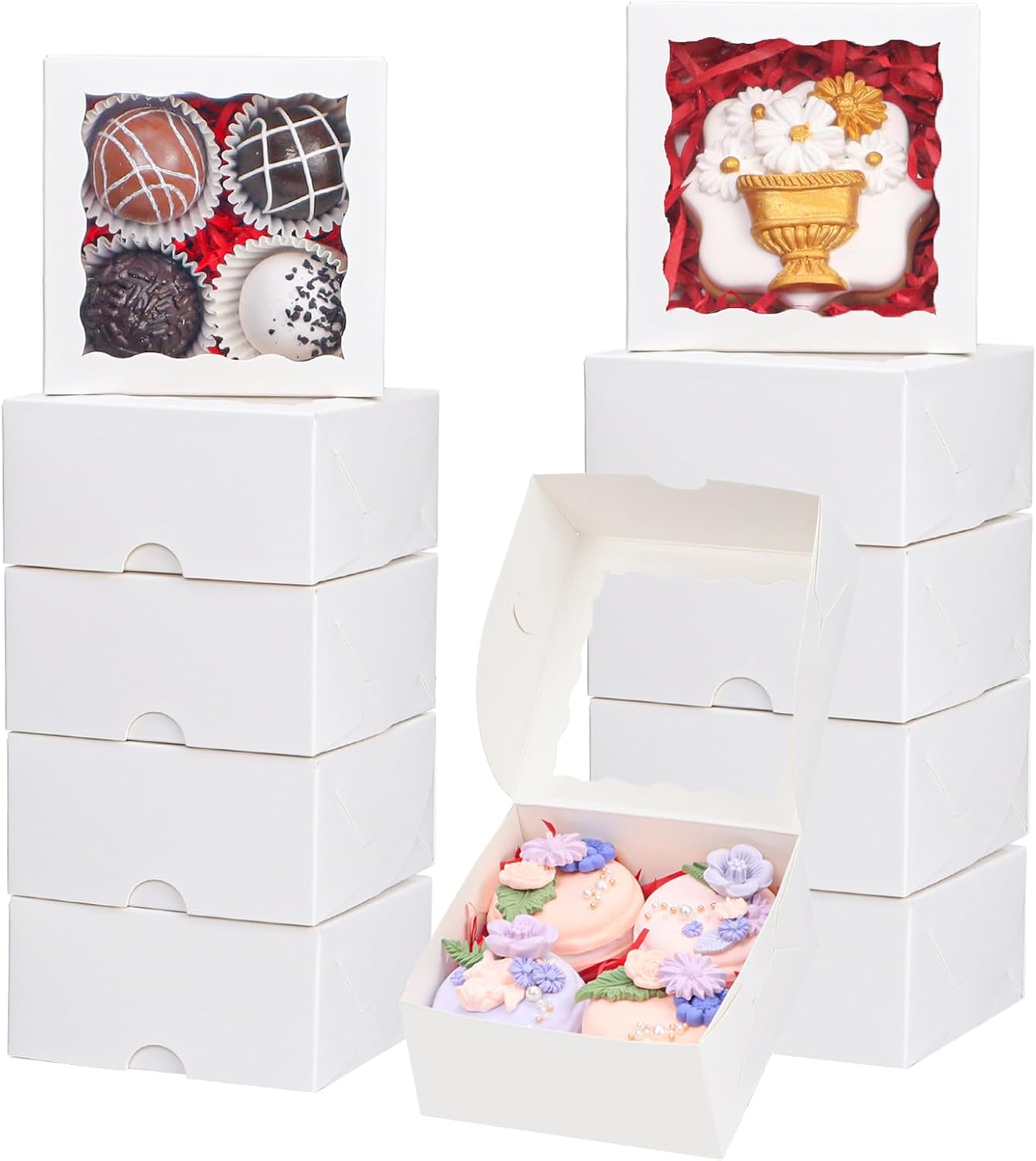 100-Pack 4X4X2 Elegant White Bakery Boxes - Treat/Cookie/Truffle Boxes for Mini Cakes, Pies & Cinnamon Rolls - Wedding Party Favor Packaging