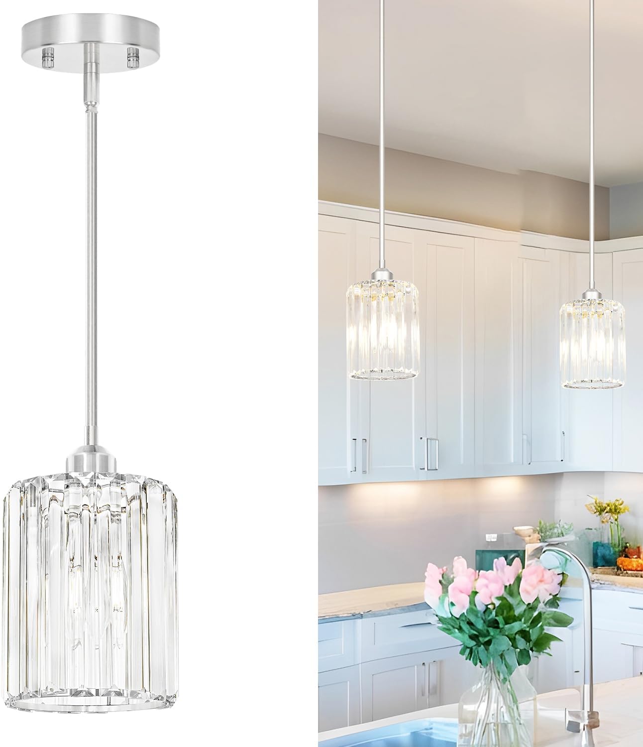 Chrome Kitchen Pendant Lights Over Island with Adjustable Rods - Crystal Pendant Lighting Fixtures for Sloped Ceiling, Ideal Over Dining Table or Bar, E26 Bulb Compatible, No Electrician Needed