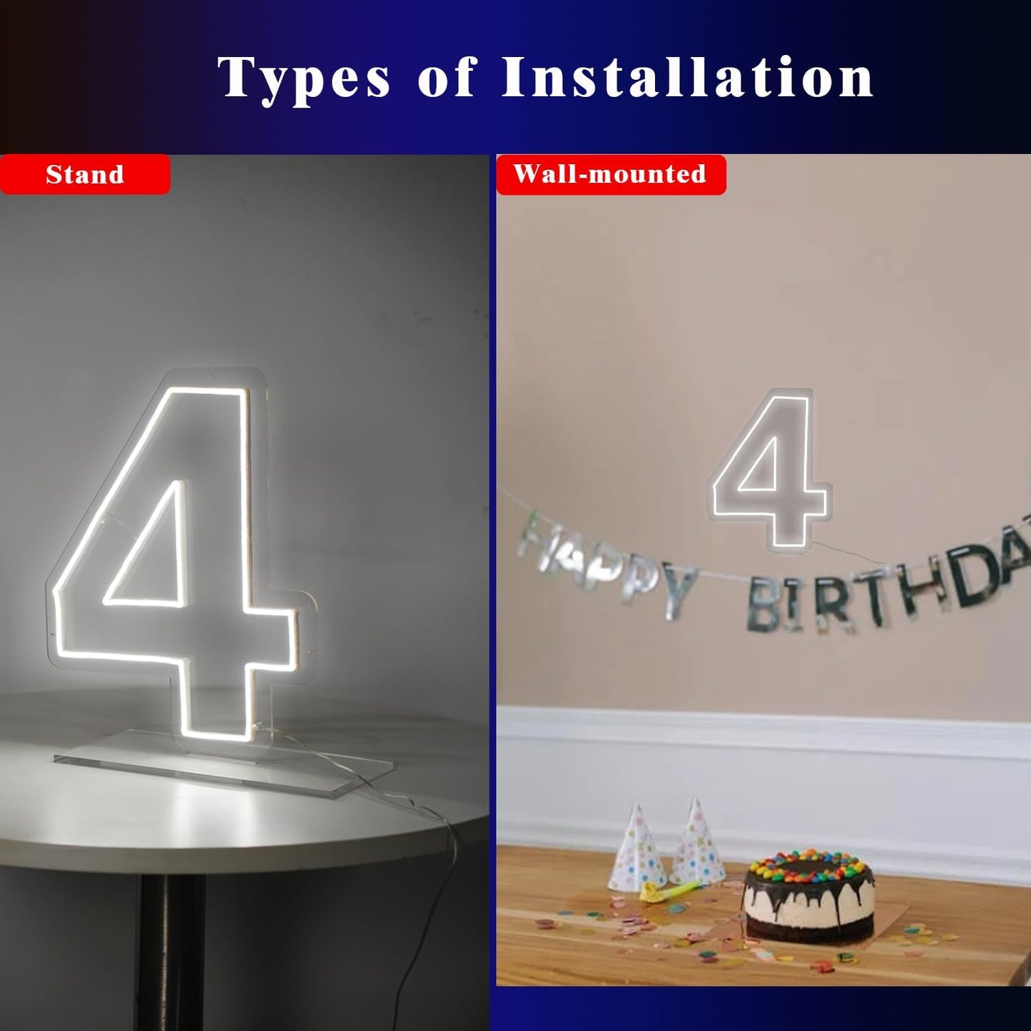 Number 4 Neon Sign for Birthday, 16.54" Cool White USB Battery Powered One Neon Sign for Party Wedding Anniversary Decor Light Sign (Number 4)