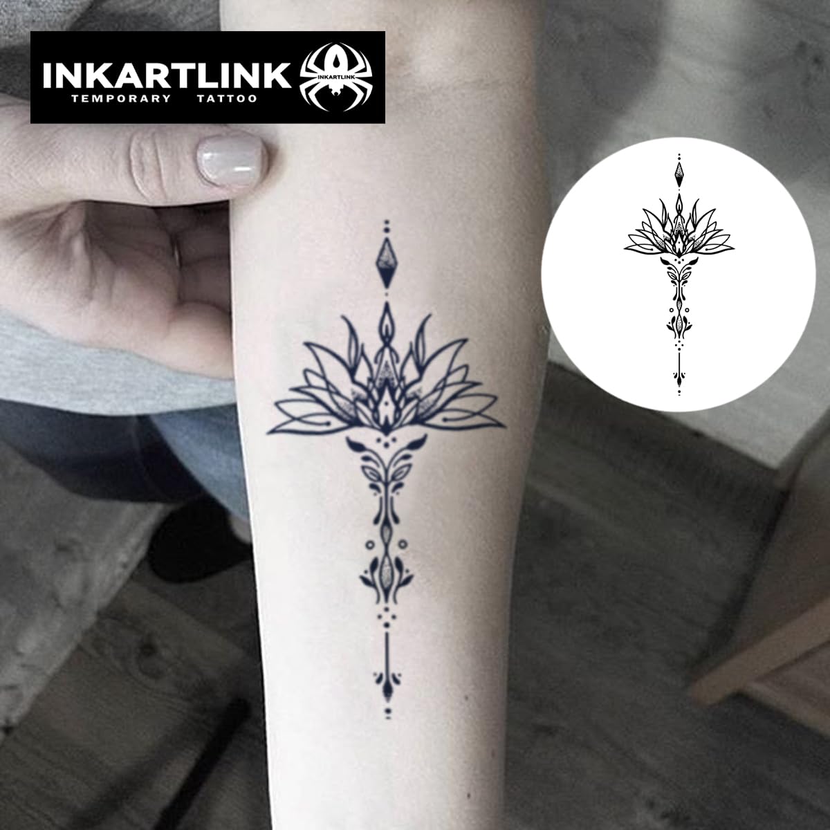 INKARTLINK Tattoo Tech, 2 Sheets Large Semi Permanent Tattoo, Adult Art Design Temporary Tattoos, Lasts 1-2 Weeks, Waterproof, Realistic Look, No Adhesive, No Reflection (Lotus Design)
