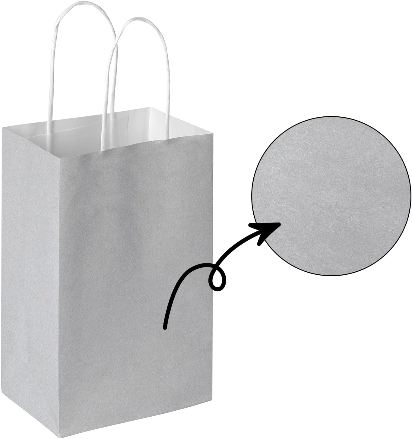 Oikss 50 Pack 5.25x3.25x8.25 Inch Small Gray Kraft Paper Bags with Handles Bulk for Birthday Wedding Party Favors Grocery Retail Shopping Business Goody Craft Gift Bags Sacks (Silver Grey 50 Count)