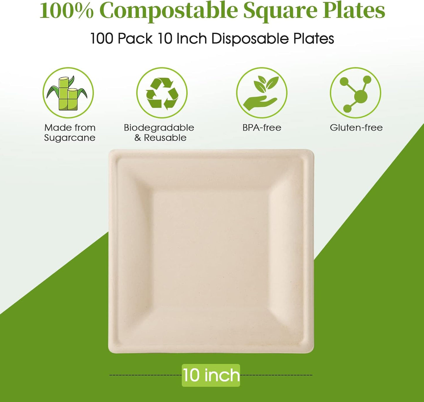 ECOLipak 100 Pack Compostable Square Plates, 10 inch Disposable Paper Plates Made of Sugacane, Eco-friendly Heavy Duty Biodegradable