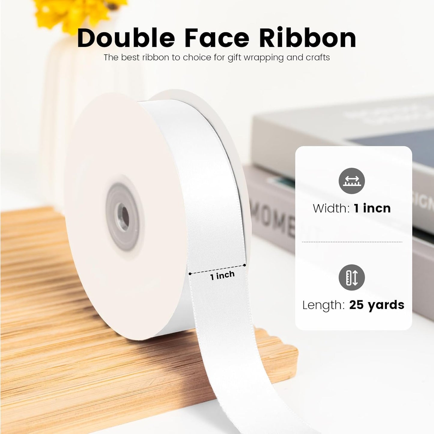 Double Face White Satin Ribbon 1 inch X 25 Yards Polyester White Ribbon for Wedding Decor, Wreath, Gift Package Wrapping and Other Projects