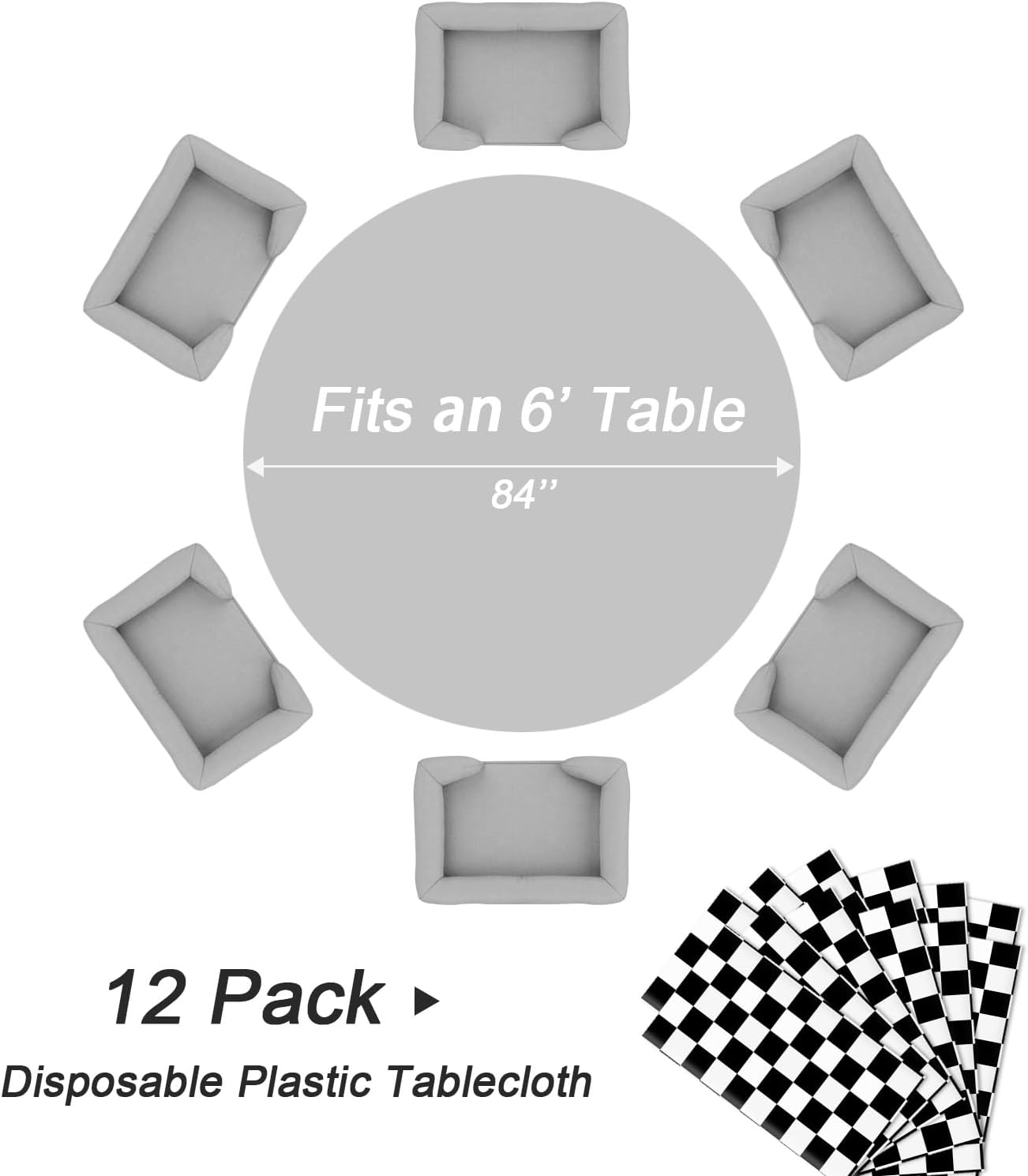 QIKSION Black and White Gingham Round Tablecloth 12 Pack, 84 Inch Plastic Checkered Table Cover Disposable for Parties