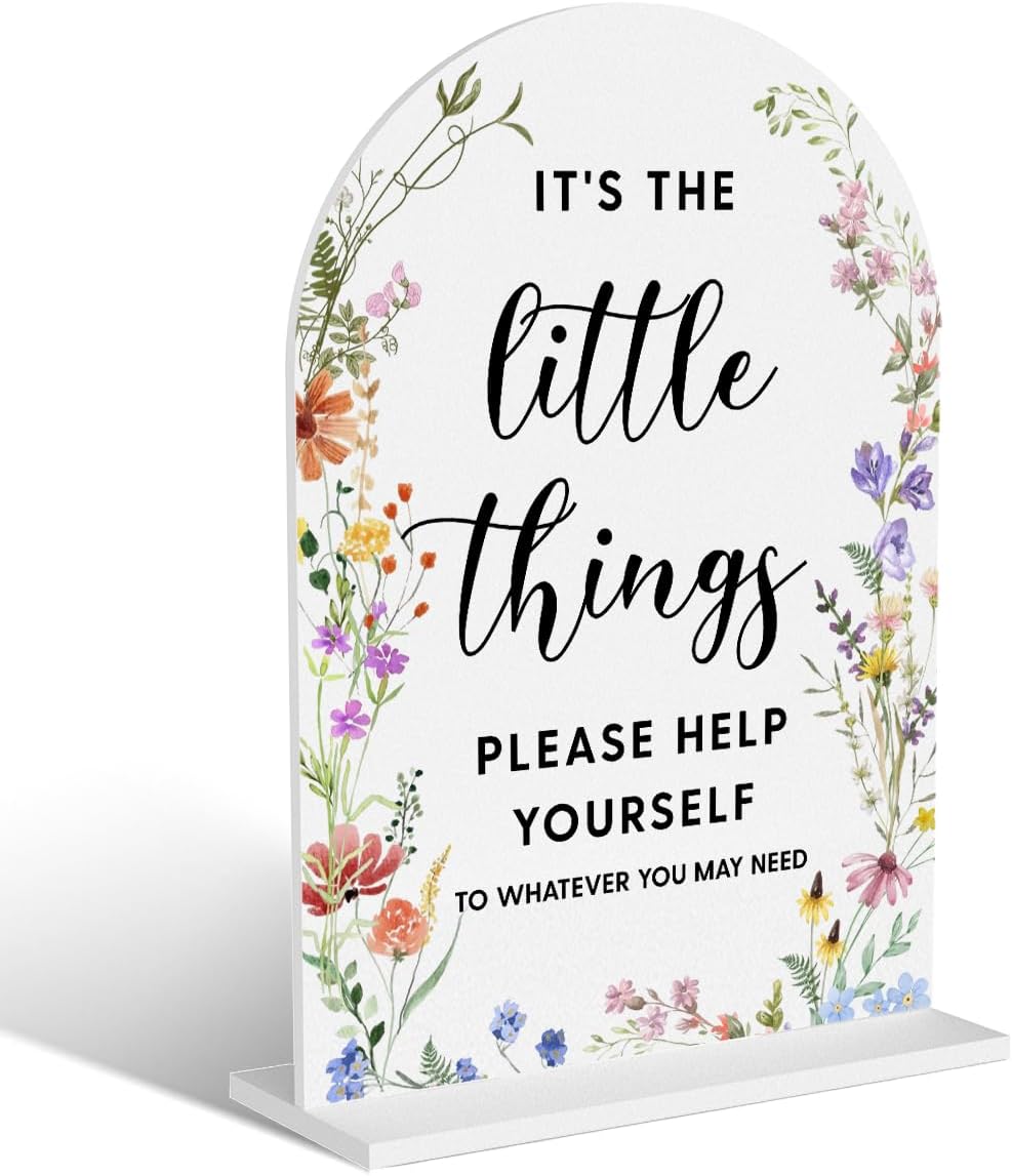 Acrylic Wedding Signs, It's the Little Things Signs for Marriage Reception, Bridal Shower Decorations, Modern Arched Round Top Acrylic Table Top Sign with Holder for Wedding Party (White Wildflowers)