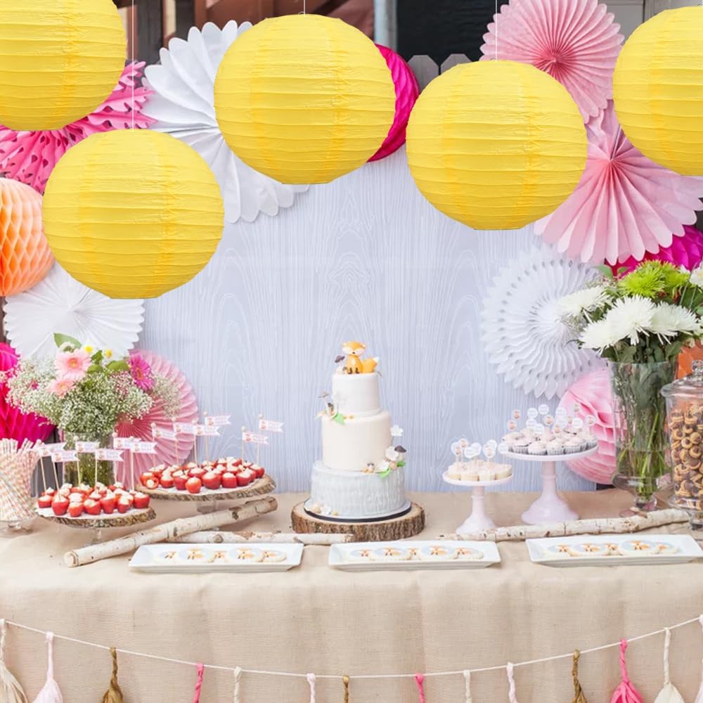 BEISHIDA 12-Inch Yellow Round Paper Lanterns Decorative Hanging Asia Chinese Japanese Paper Lanterns Lamp for Birthday Halloween Wedding Baby Bridal Shower Fall Home Decor Party Decoration（6 Packs）