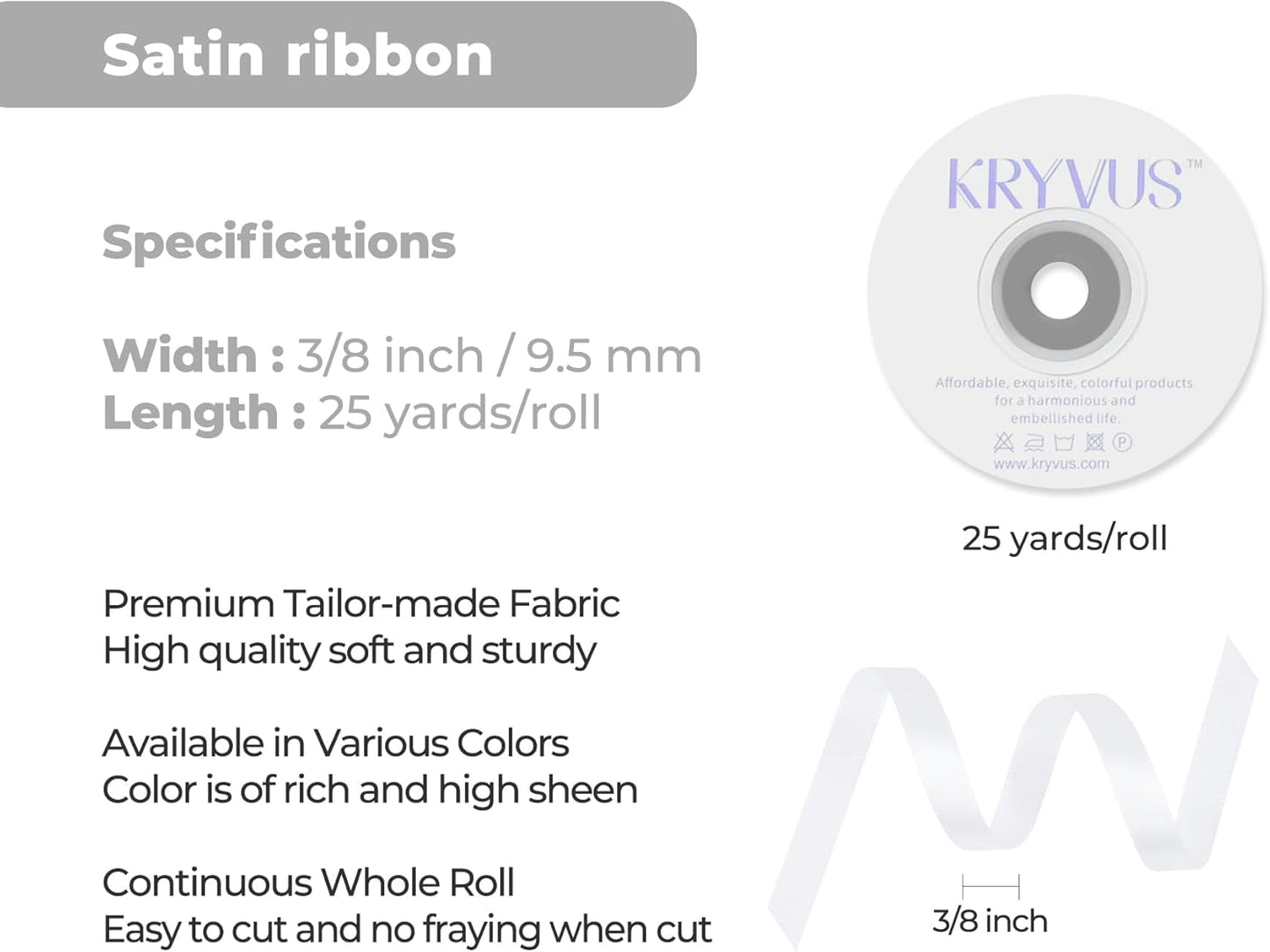 White Satin Ribbon 3/8 inch X Continuous 25 Yards, Single Face Polyester Ribbon Perfect for Gift Wrapping, Flower Bouquet, Wedding Decor, Crafts, Bow Making, Sewing and More