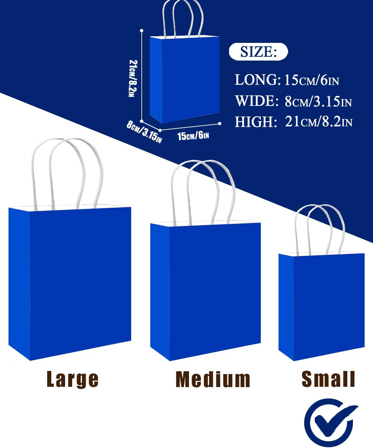 qiqee 50-Packs Gift Bag with Handles Bulk Diamond Blue Paper Bags Multiple Uses (8.3"x3"x6" Small Size)