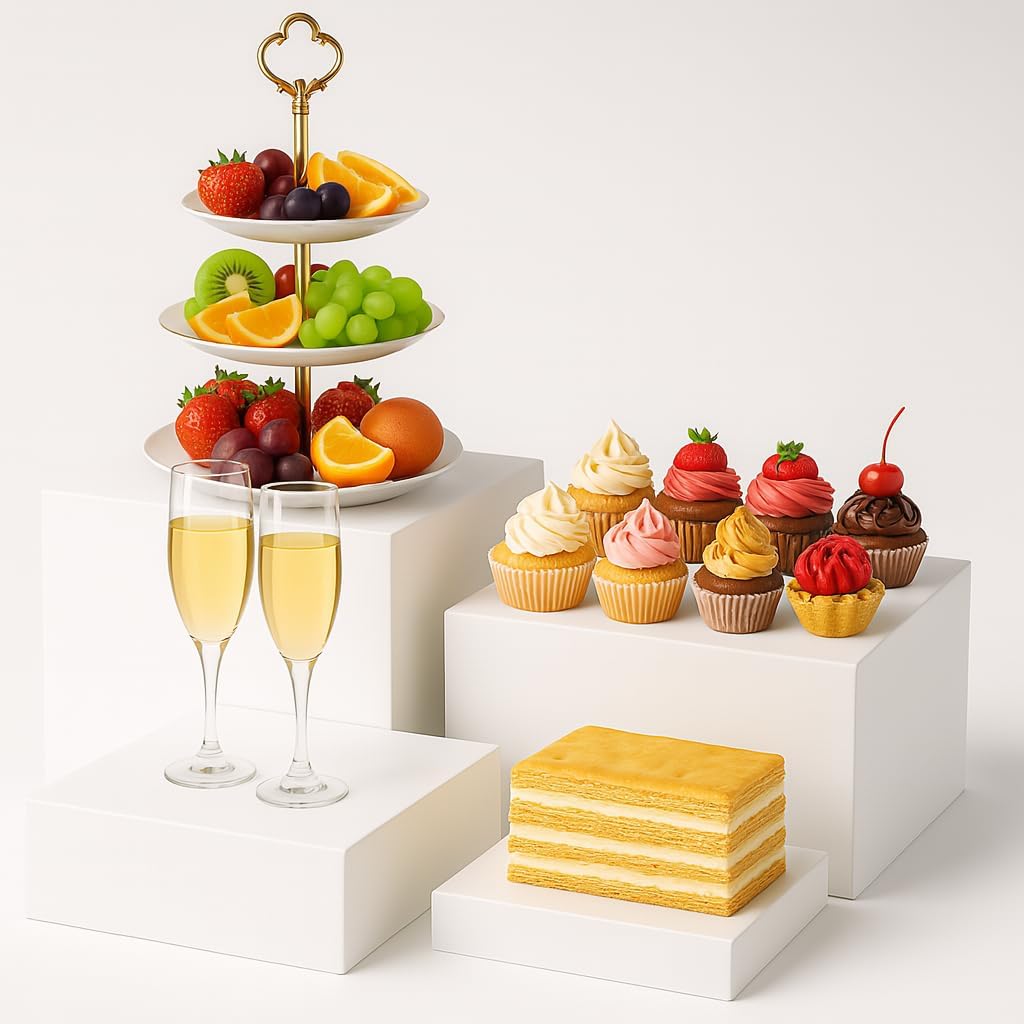Buffet Risers 4-Pack – White Acrylic Cube Display Stands, Seamless Thick Acrylic Table Risers with Mini Sign Kit, Nesting Dessert, Party, Charcuterie & Retail Displays