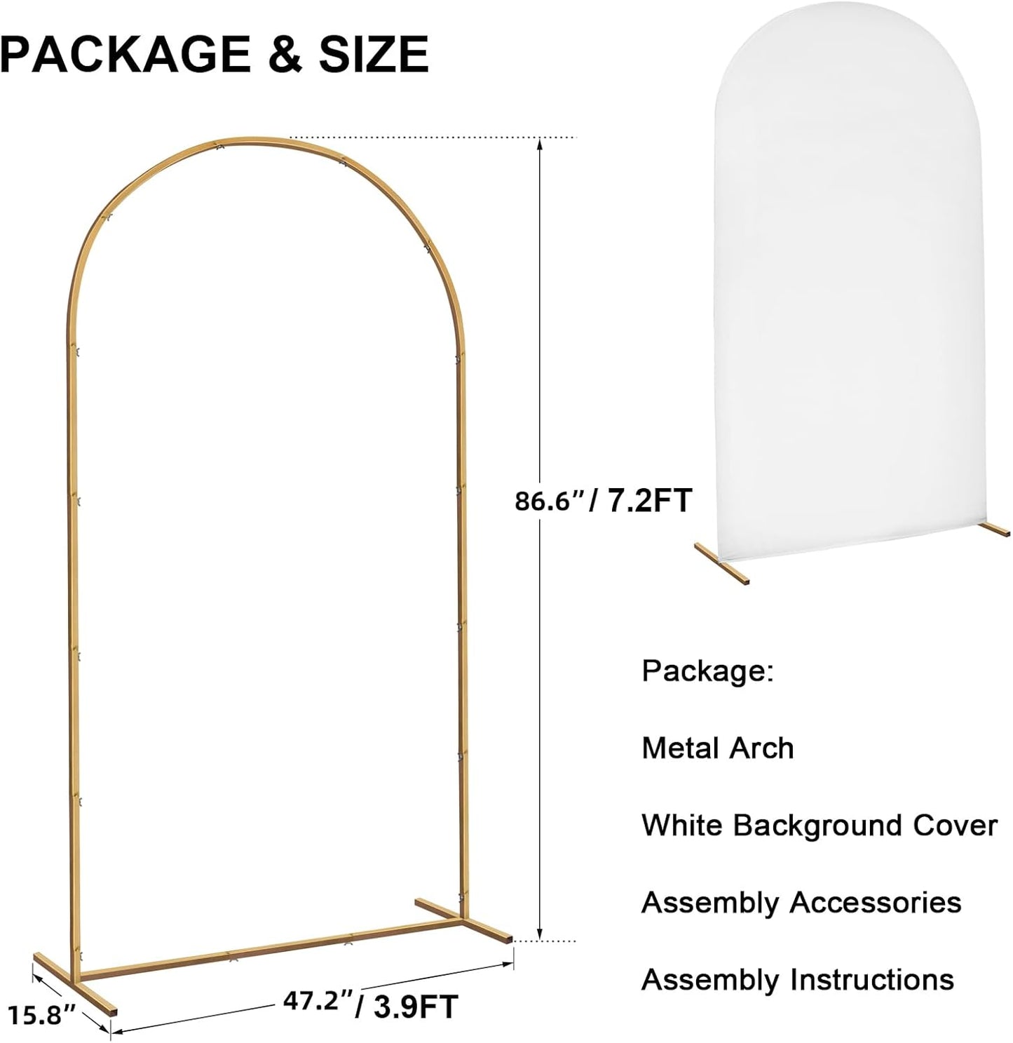 Skypatio 7.2FT Wedding Metal Arch Backdrop Stand with White Backdrop Cover, Balloon Gold Arch Stand for Birthday Party Baby Shower Wedding Decoration Stand for Backdrop