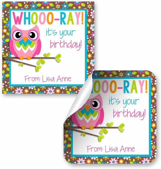 Custom & Personalized Colorful Floral Owl Happy Birthday Gift Tag Sticker Labels, 24 2.5" Square Stickers by Amanda Creation