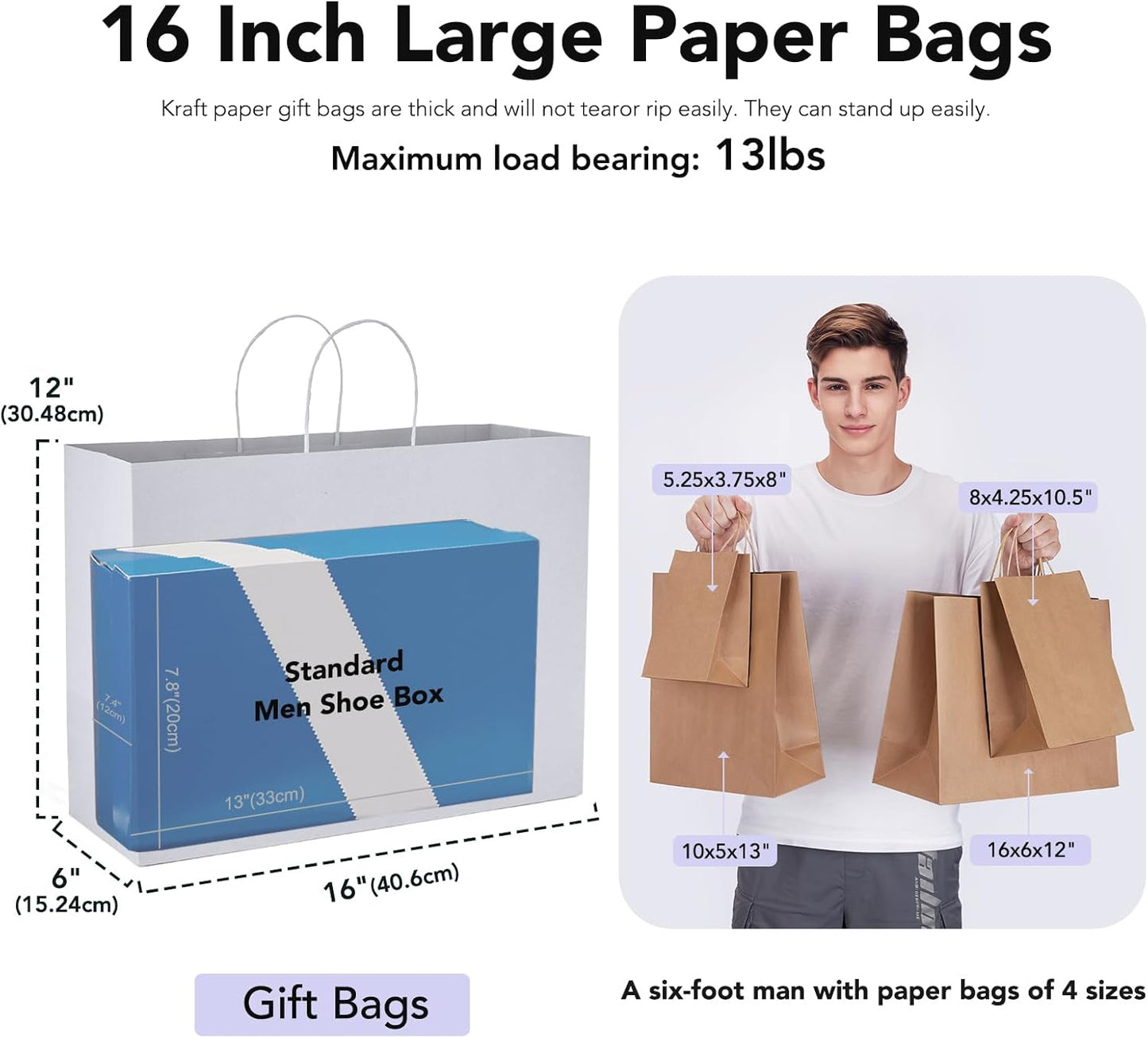 GSSUSA 16x6x12 Inches Large Paper Bags with Handles, 200Pc White Paper Gift Bag, Recyclable Shopping Bags Kraft Paper Bag for Small Business, Party Favor, Craft Bag for Boutique