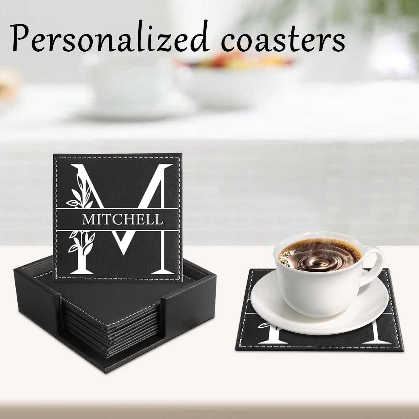 Custom Coasters Set of 6, Personalized Leather Coasters for Drinks with Holder, Customized Coasters Name, Photo, Logo for Coffee Table Bar Wine Cup Housewarming
