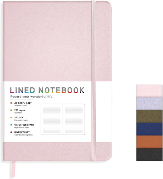 Lined Journal Notebook for Women Men, 200 Pages A5 Hardcover Leather Journals 5.7” x 8.3”, A5 College Ruled Notebooks with 100 GSM Thick Paper for Writing,Travel,School,Office,Work,Business（Pink）