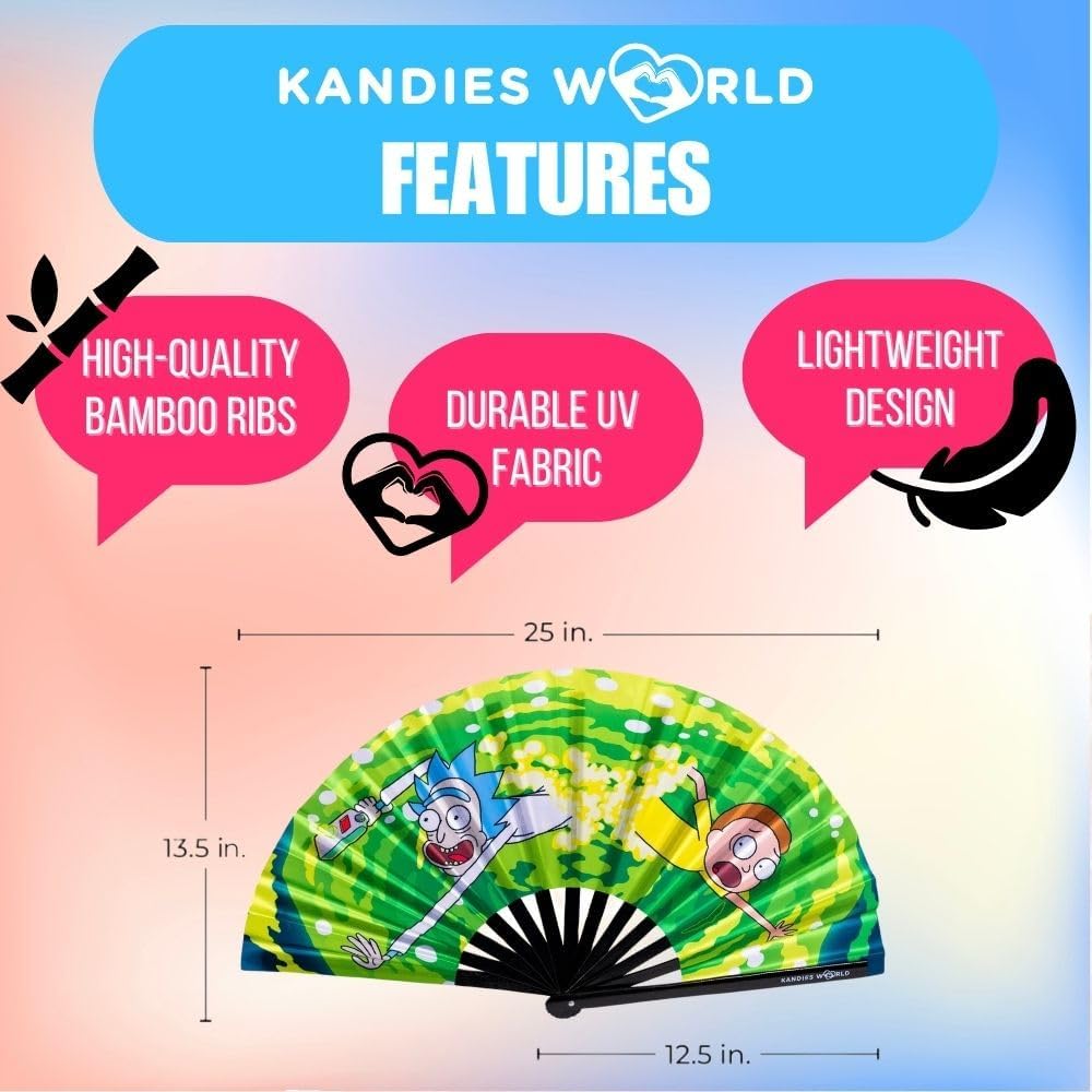 Kandies World UV Reactive Custom Festival Folding Hand Fan - Unique Designs, Made of Bamboo, Clacking Sound, Lightweight - Perfect Rave and Festival Accessory!