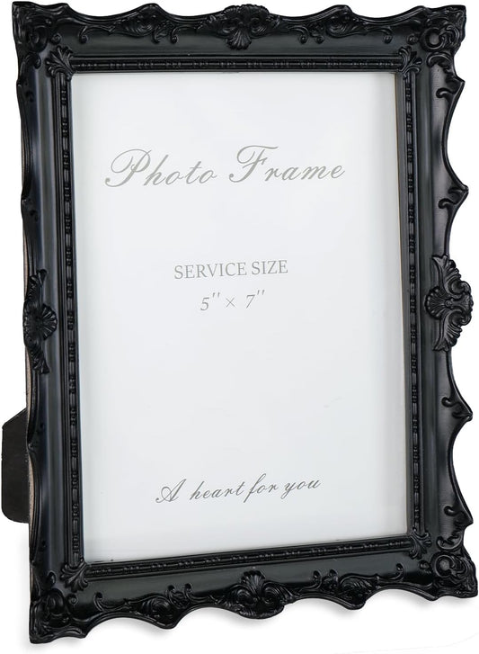 Cuspin 5x7 Black Picture Frame, Handcrafted Resin Frame with Exquisite Carved Details & Glass Front, Vintage Antique Design for Wall Hanging or Tabletop Display, Home Decor