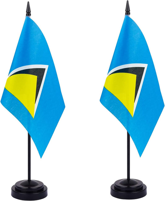 WXTWK 2 Pack Saint Lucia Flag Saint Lucia Deluxe Desk Flag Set - Mini Small Saint Lucia Table Office Flags with Black 12" Solid Pole Stand Base Classroom Meeting Desktop Decorations