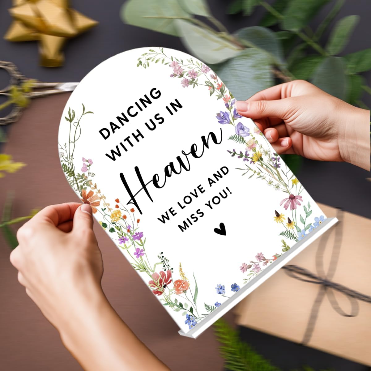 Acrylic Wedding Signs, Bridal Shower Decorations, Modern Arched Round Top Acrylic Table Top Sign with Holder for Wedding Reception Party Dinner - Dancing With Us in Heaven (White Wildflowers)