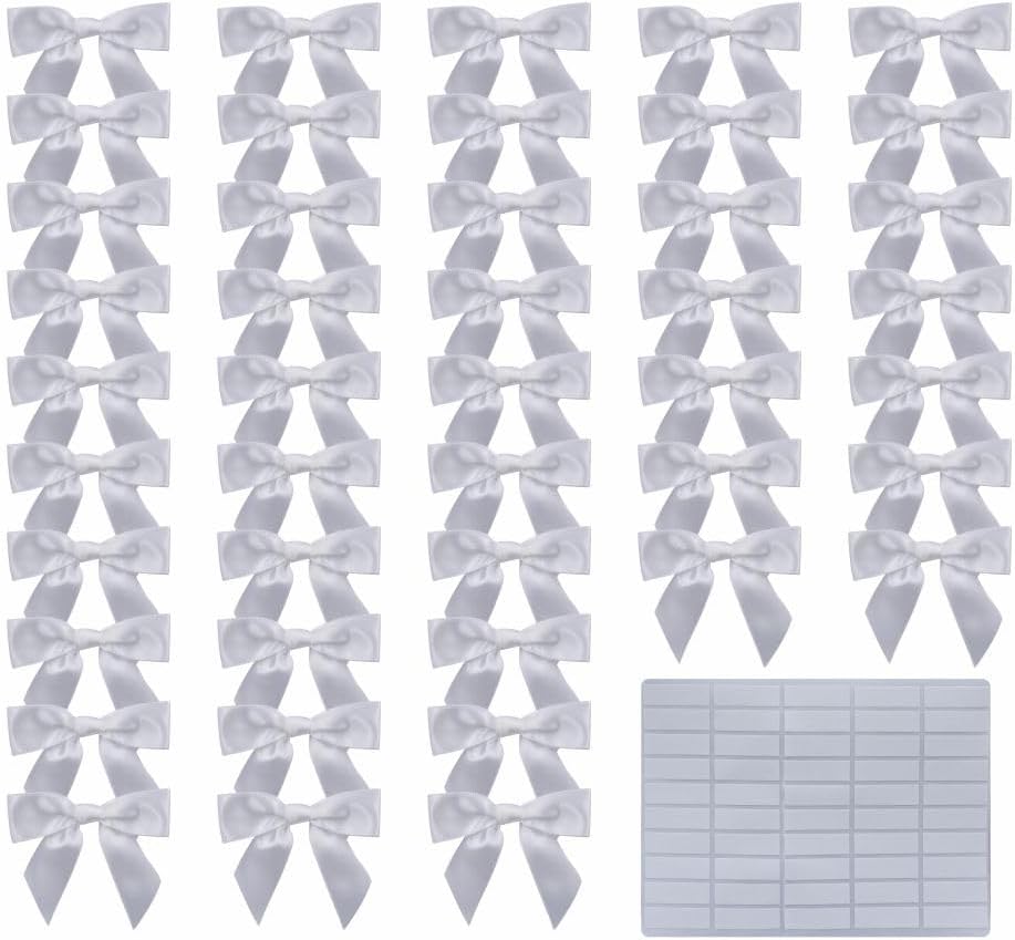 2.5" Hgzgch White Satin Ribbon Bow for Gift Wrapping, Premade Bows for Crafts, Cake, Party Favors, Handmade Bows with Double-Sided Tape, Self Adhesive Gift Bows for Presents, Treats, Christmas - 50pcs