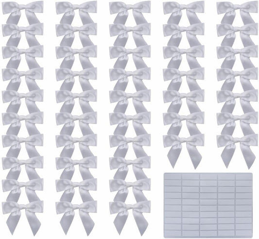 2.5" Hgzgch White Satin Ribbon Bow for Gift Wrapping, Premade Bows for Crafts, Cake, Party Favors, Handmade Bows with Double-Sided Tape, Self Adhesive Gift Bows for Presents, Treats, Christmas - 50pcs