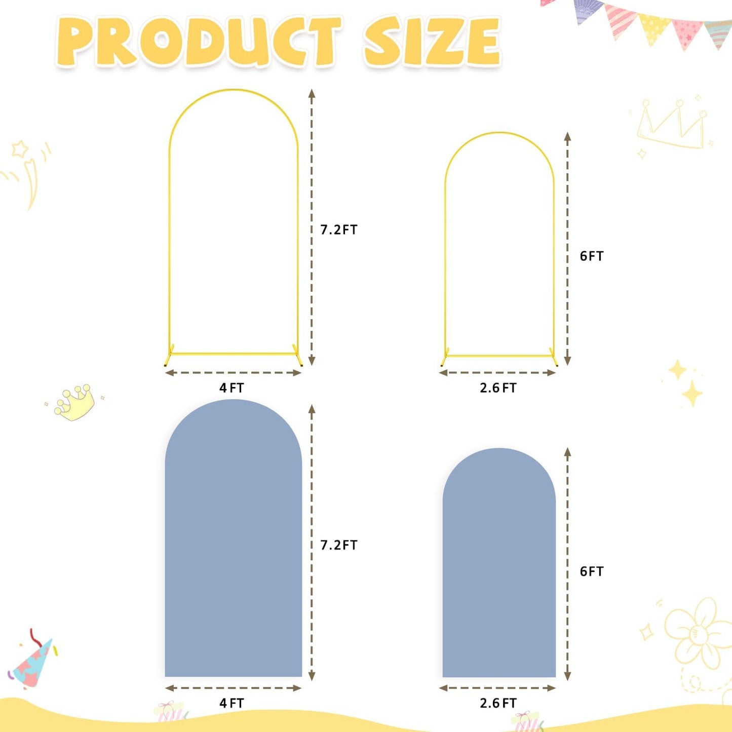 Arch Backdrop Stand and Cover Set 6FT 7.2FT Dusty Blue Arch Backdrop Covers Set of 2 Gold Metal Arch Frame Spandex Arched Covers for Birthday Party Banquet Wedding Ceremony Decor