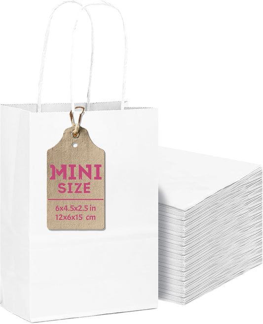 qiqee 50-Packs White Paper Gift Bags with Handles Bulk 4.5"x2.5"x6" Mini Size Party Favor Bags Multiple Uses